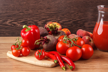 Set of red fresh raw vegetables on the table