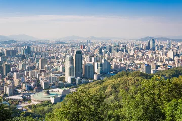 Keuken spatwand met foto Seoul city and Downtown skyline in aerial, South Korea © panyaphotograph