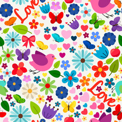 Cute spring love seamless pattern for greeting card, wedding invitation card, birthday and other holidays decoration. Vector illustration