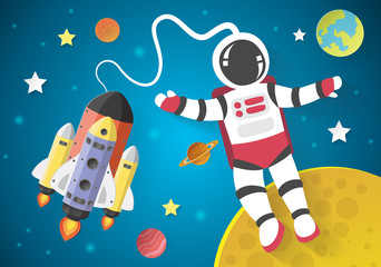Naklejka premium Astronaut cartoon on the moon with a spaceship in space,paper cu