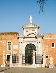 Obraz premium The main entrance to Arsenal,Venice,Italy,27 January 2017,famous shipyard Arsenal,venture for the construction and equipping of combat ships,view of the main entrance for the workers from the land