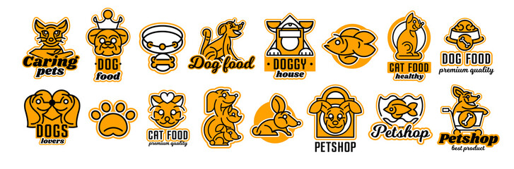 Set of logos on the theme of animals. Shop for pets, food. Cat, dog, rabbit, fish in the aquarium, collar, bone, bowl, kennel, bag, supermarket trolley, crown. Vector illustration, line style