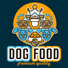 Vector illustration on the theme of food for dogs. Images of animals faces, different breeds of dogs, kennel, trace of legs, crown. Flat style, line art.