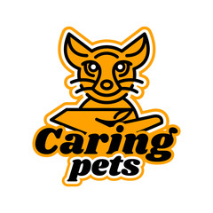 Logo on the subject of caring for pets. Kitten sitting in a hand. A small animal. Vector illustration. Line style