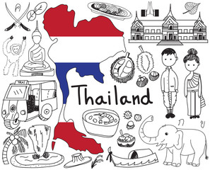 Fototapeta premium Travel to Thailand (Siam) doodle drawing icon with culture, costume, landmark and cuisine tourism concept in isolated background, create by vector 