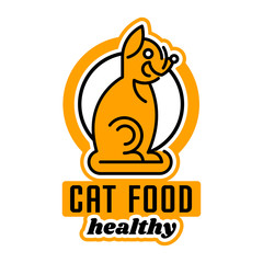 Logo on the theme of food for cats. Taking care of a pet. Cat in full growth depicted in profile. Vector illustration. Line style