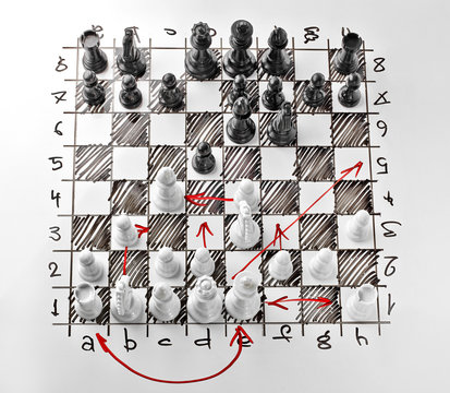 Chess. White board with chess figures on it. Plan of battle. The white Bishop is under attack.