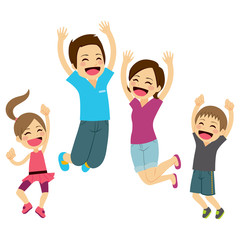 Cute happy family jumping together with arms up