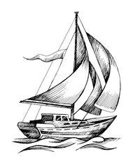 Sailing ship vector sketch isolated with waves.