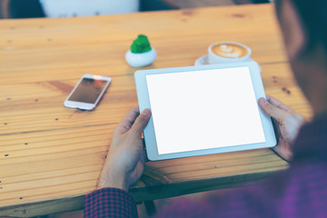 Businessman reading his tablet with white screen (Cliping path)