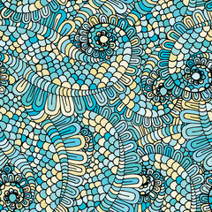 Floral vivid abstract wave ornament, hand drawn vector illustration made of simple doodles. Zen tangle pattern, tangled texture boho style for clothes, pillow, bandanna. Fabric seamless print