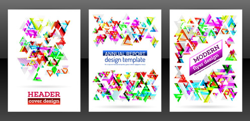 Geometric triangle shape brochure background. Chaotic colorful cover report design. Modern triangle pattern flyer. Colorful mixed geometric shapes for folder. Vector eps 10