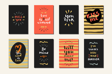 Hand drawn calligraphic Valentine's Day cards with hearts and arrows. Love is all around, Miss you, All you need is love, Be mine, You are enough, Love you, You rock, I'm yours now and forever.