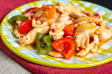 wok fried chicken stir fry with sweet peppers and chinese vegeta