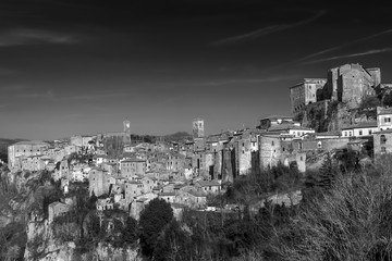 Beautiful panoramic view of the tuff village of Sorano, in the Grosseto Maremma, Grosseto, Tuscany, Italy, in black and white