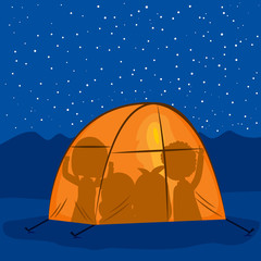 Fototapeta na wymiar Camping in tent on night with human shadow silhouettes inside under stars on blue sky