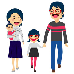 Cute happy four member Asian family walking together smiling