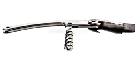 Silver metallic wine corkscrew bottle opener on white background