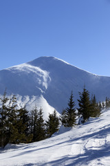 Snow winter mountains at sun windy day