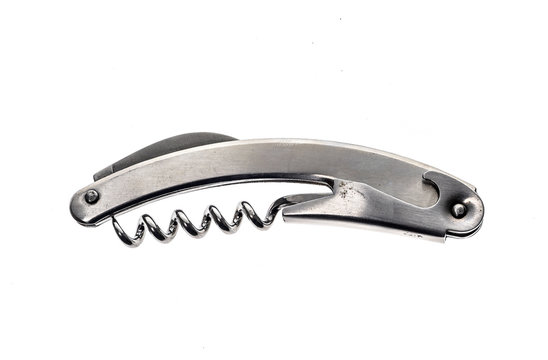 Silver Metallic Wine Corkscrew Bottle Opener On White Background