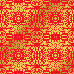 Fototapeta premium Seamless Golden Chinese Background Curve Round Cross flower Kaleidoscope