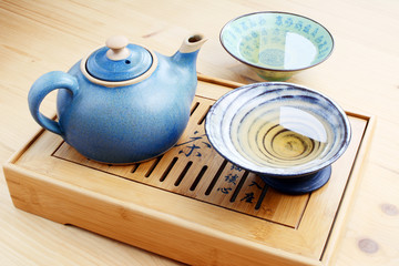 Chinese tea set on a wooden background