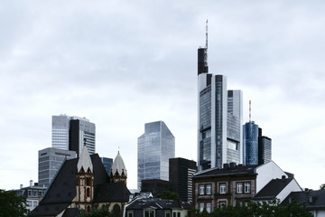 Fototapeta na wymiar Skyline view of Frankfurt am Main, Germany, financial district, showing the glass facades of the skyscrapers belonging to some of the largest banks in Europe.