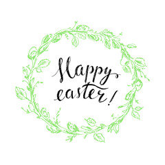 Hand drawn easter card with floral wreath and lettering.