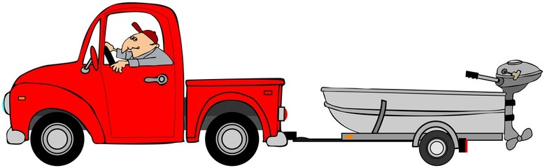 Illustration of a man driving a pickup truck hauling an aluminum fishing boat on a trailer. © Dennis Cox