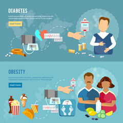 Problems of obesity banner, diabetes, fat man and woman