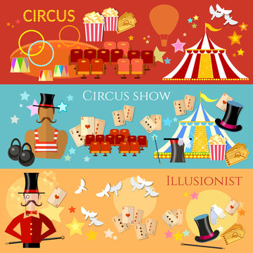 Circus banner, performance strongman magician magic tricks