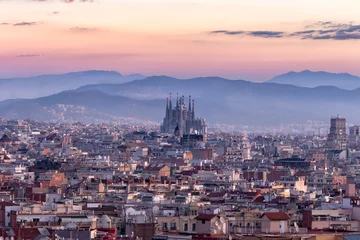 Tuinposter Sagrada Familia en panorama van de stad Barcelona, Spanje © basiczto
