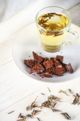 cup green tea and slices of chocolate