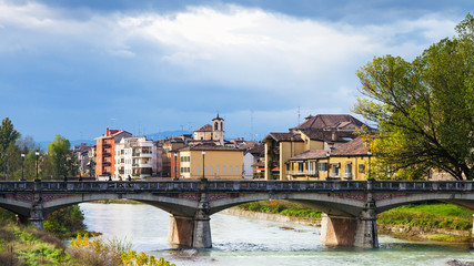 Parma river and Ponte Verdi bridge in Parma - obrazy, fototapety, plakaty