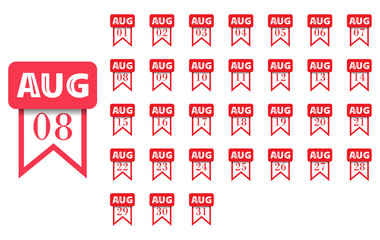 August. Calendar icon for every day of month. Flat style. Vector illustration