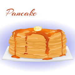 Pancakes with honey and butter for Shrove Tuesday. Holiday poster or placard template in simple cartoon style. Vector illustration. Holiday Collection.