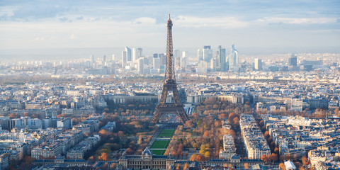 above view of Eiffel Tower and La Defence in Paris