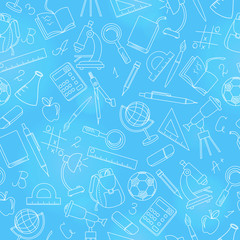 Seamless pattern on the theme of the school, a simple contour icons, light outline on a blue background