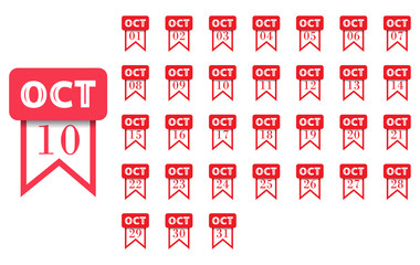 October. Calendar icon for every day of month. Flat style. Vector illustration