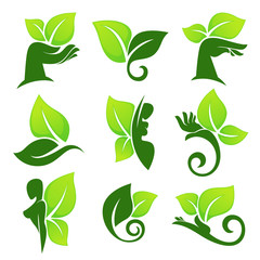 green leaves, hands and woman body, vector collection of emblems