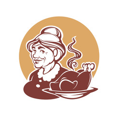 vector portrait of lovely grandmother and home made turkey food