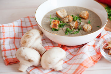 Mushroom cream soup on a table, food