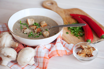 Mushroom cream soup on a table, food