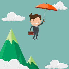 Businessman flying in the sky above the mountain with umbrella in his hand.