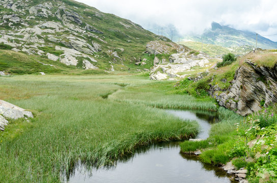 River in the Swiss Alps flowing trough a green lush field. The water is clean and fresh. The creek extends to the mountains in the back. 