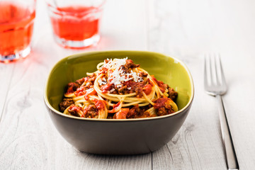 Spaghetti bolognese with parmesan cheese