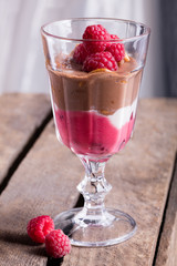 Glass of chocolate and rapsberry dessert
