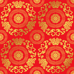 Seamless Golden Chinese Background Round Spiral Frame Flower Vine