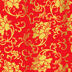 Seamless Golden Chinese Background Spiral Botanic Flower Leaf
