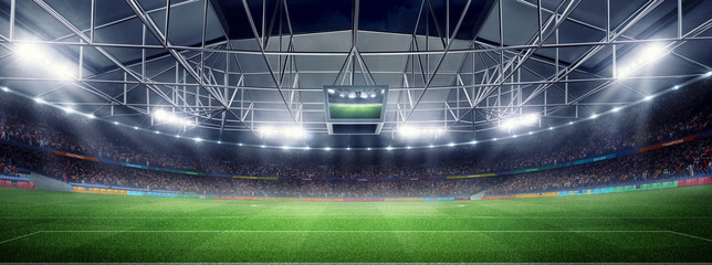 empty soccer stadium 3D in light rays at night render © masisyan